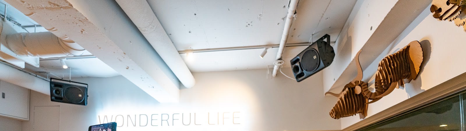 白く塗った梁とダクトの天井の下、白い壁に細い文字で「WONDERFUL LIFE」。黒いスピーカーが二台、右の壁に段ボールで作った角のある動物の頭。